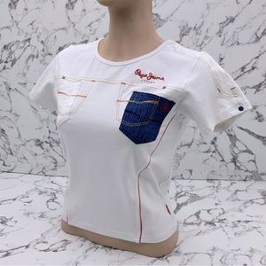 Women's Fashion Pepe Jeans White | Navy Denim Pocket Tee Shirt